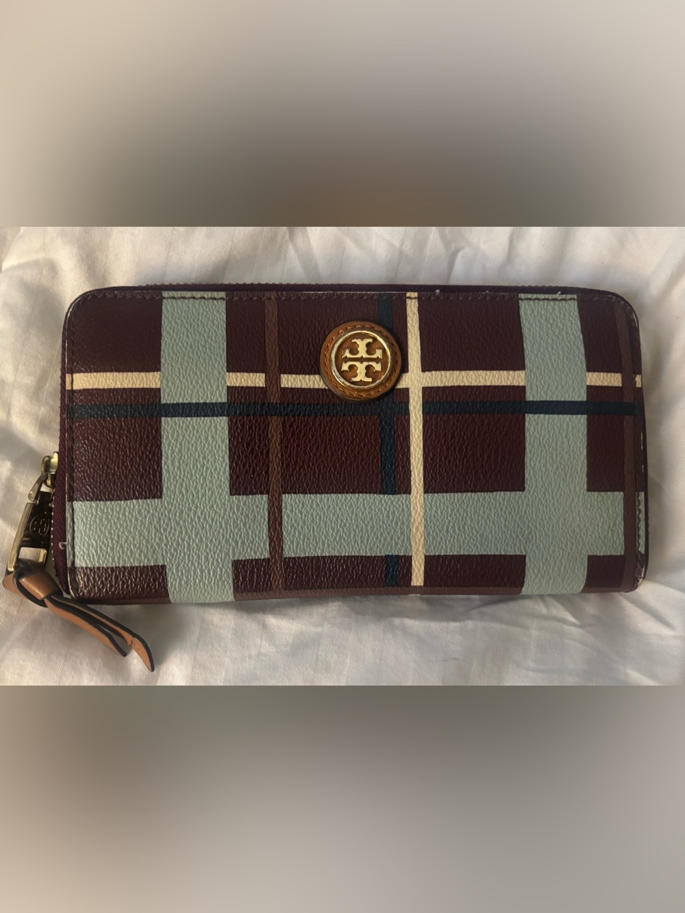 Tory Burch Plaid Leather Zip Around Continental Wallet Wristlet